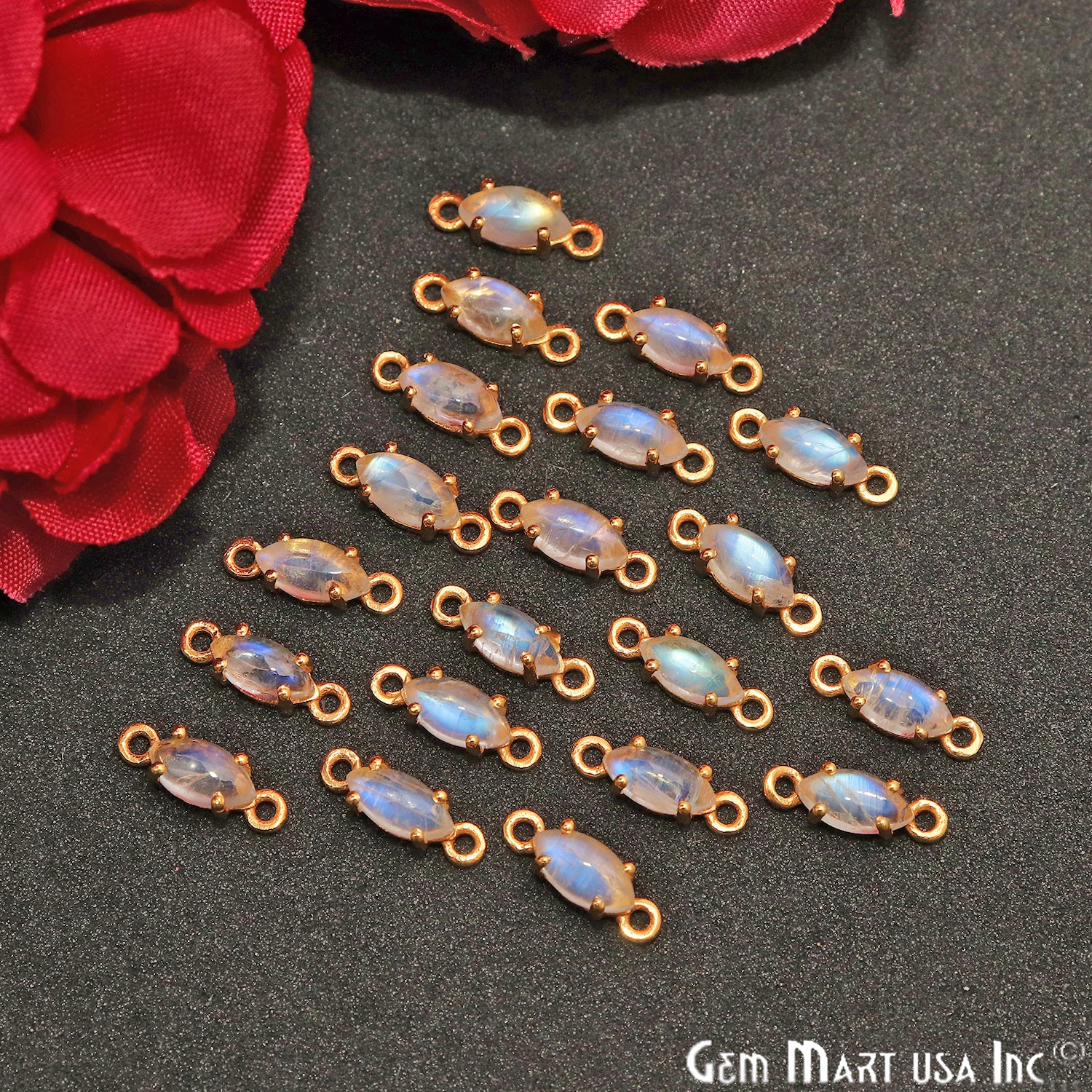 Rainbow Moonstone Cabochon Marquise Prong Gold Plated Bail Connector - GemMartUSA