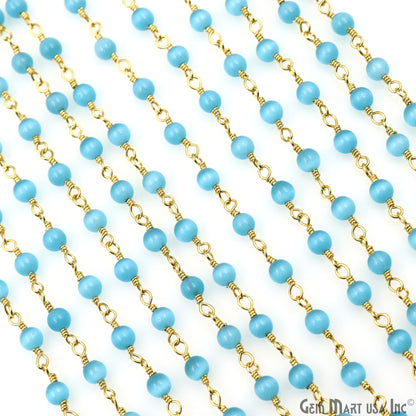 Blue Monalisa Cabochon 4mm Gold Wire Wrapped Rosary Chain