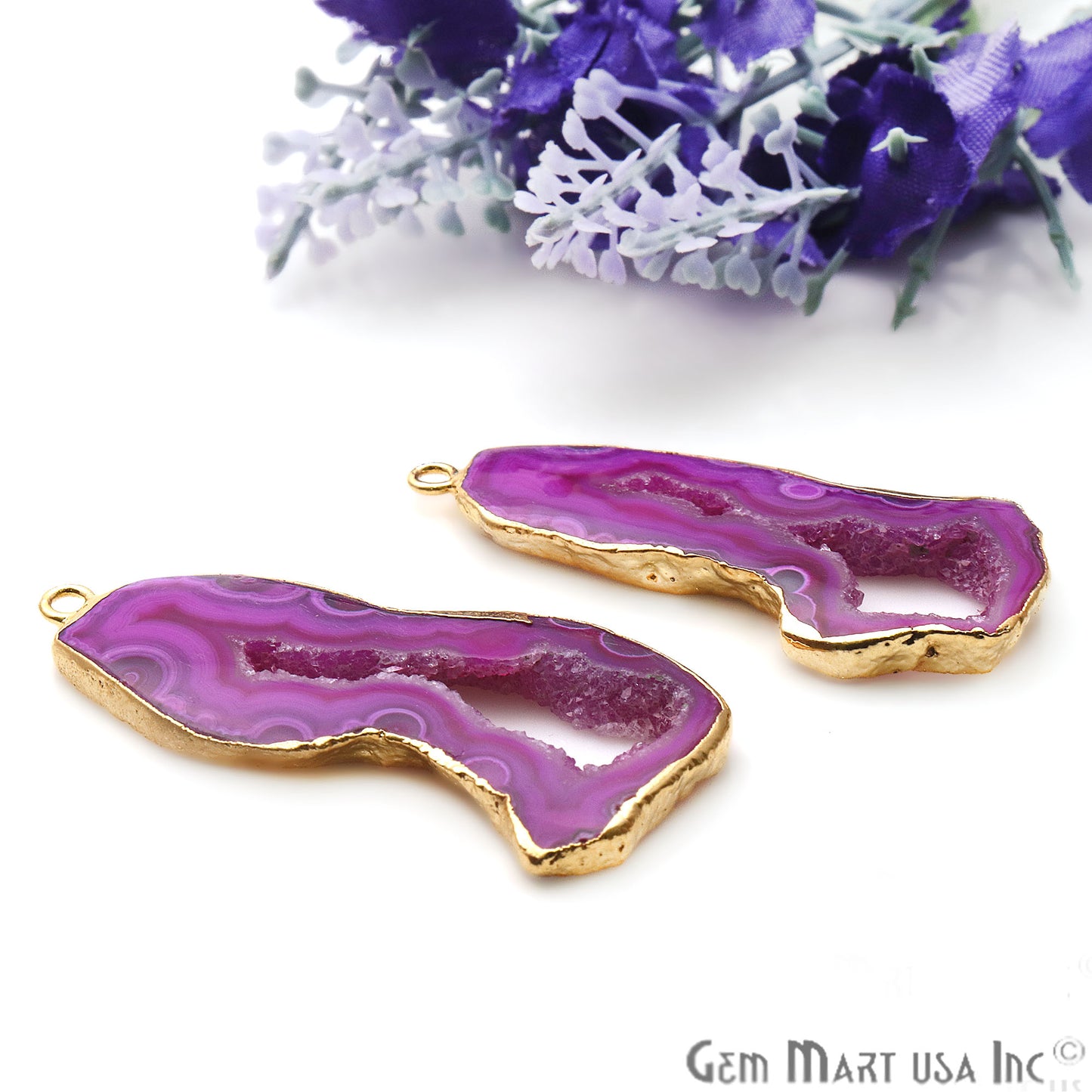 Agate Slice 22x46mm Organic Gold Electroplated Gemstone Earring Connector 1 Pair - GemMartUSA