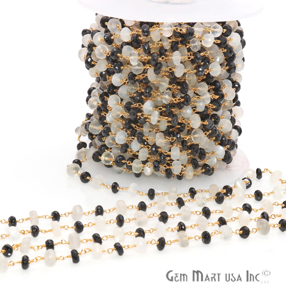 Black Spinel With White Chalcedony Beaded Gold Plated Wire Wrapped Rosary Chain - GemMartUSA