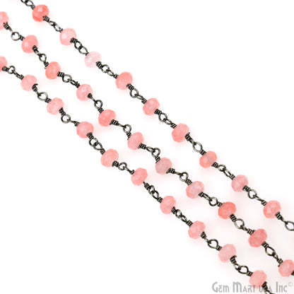 Pink Peach Jade Faceted 4mm Beads Oxidized Wire Wrapped Rosary Chain