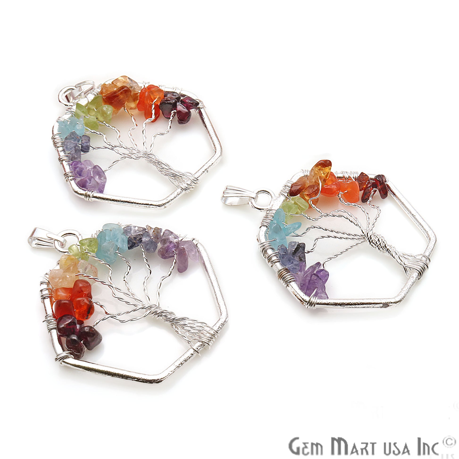 Multi Color Tree Of Life 42x37mm Silver Wire Wrapped Hexagon Shape Pendant - GemMartUSA