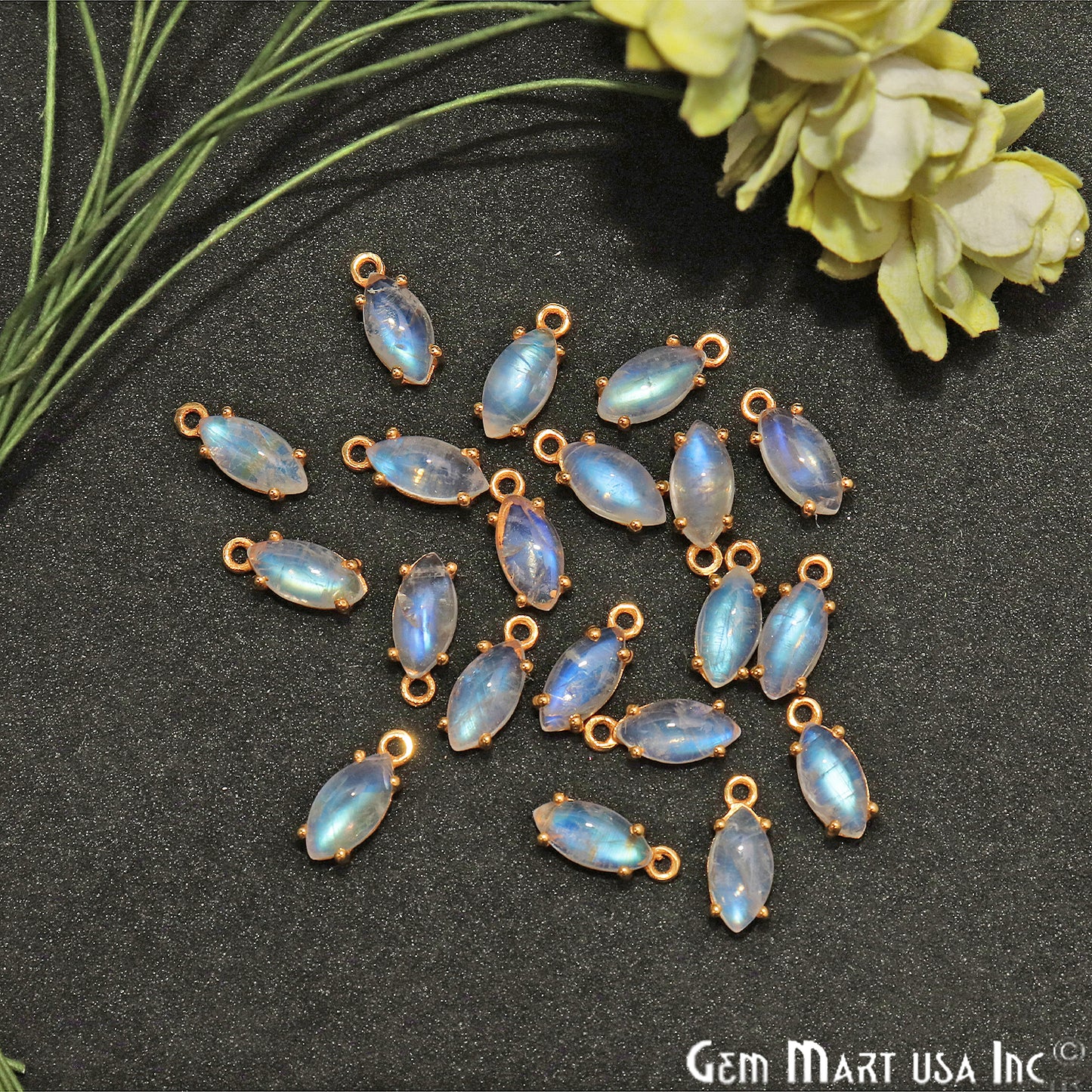 Rainbow Moonstone Cabochon 12x5mm Marquise Prong Gold Plated Bail Connector - GemMartUSA