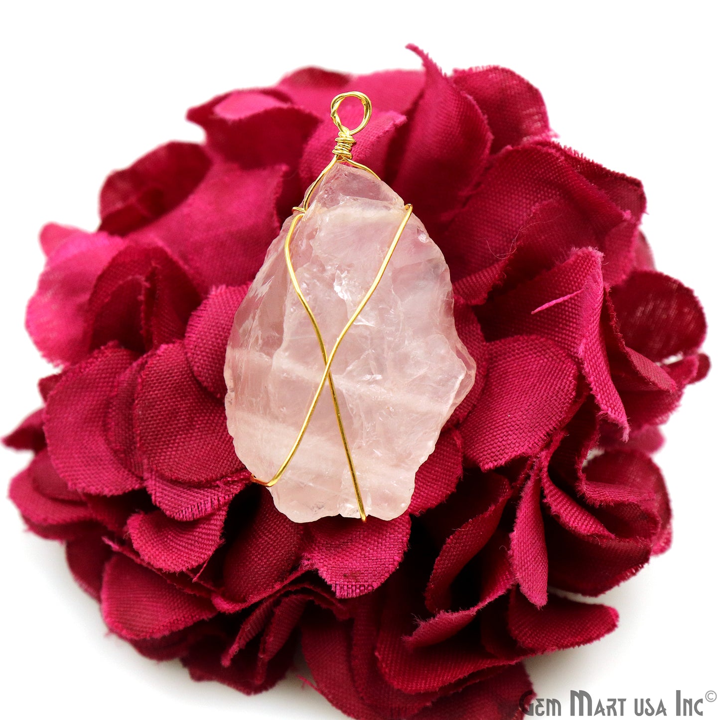 Rose Quartz Rough Gemstone 34x10mm Wire Wrapped Necklace Pendant