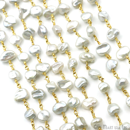 Gray Pearl Free Form Faceted Beads 7-8mm Gold Plated Gemstone Rosary Chain