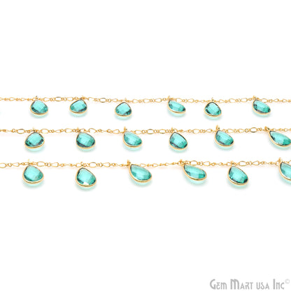 Paraiba Tourmaline Quartz Pears Gold Bezel Connector Dangle Rosary Chain