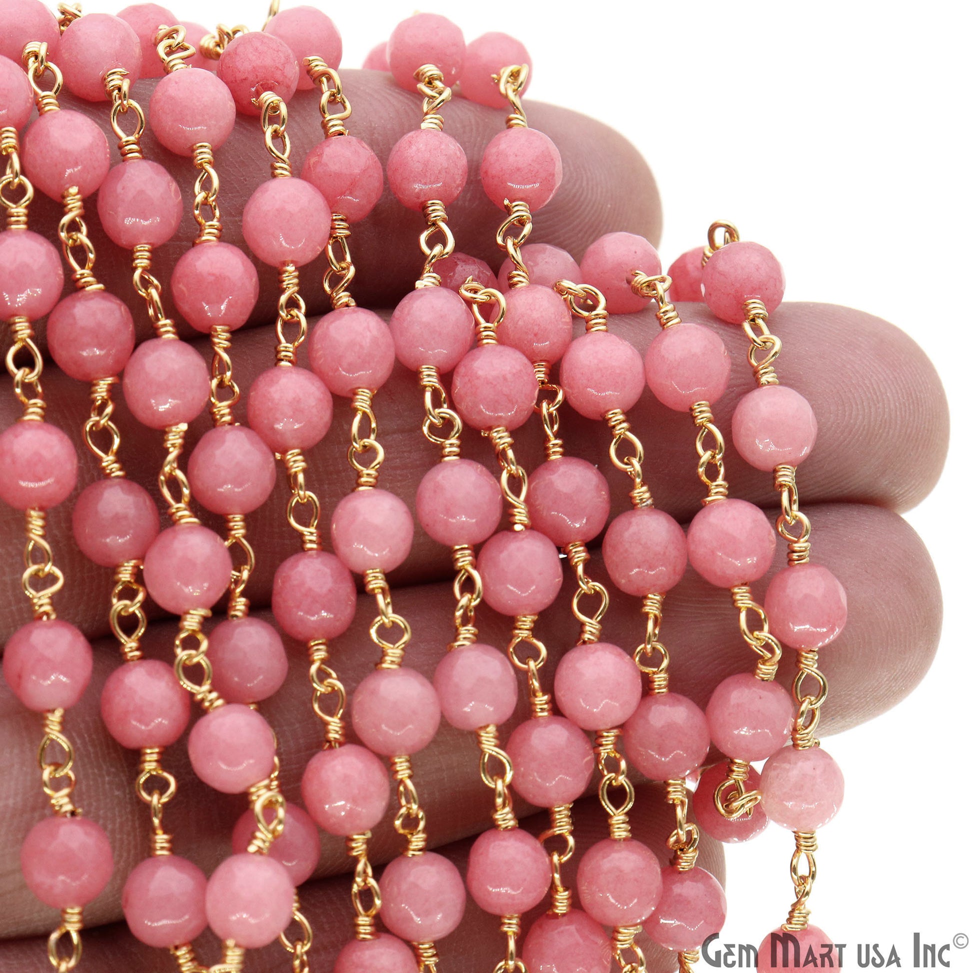 Pink Sunstone jade 6mm Beads Gold Plated Wire Wrapped Rosary Chain (763663515695)