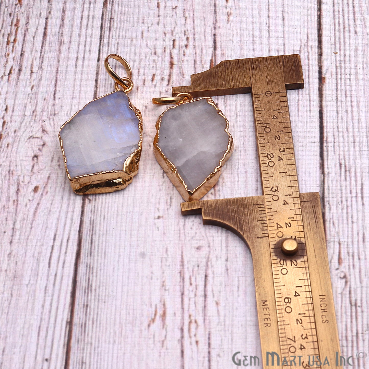 DIY Rough Rainbow Moonstone 32x19mm Gold Edge Necklace Pendant - GemMartUSA