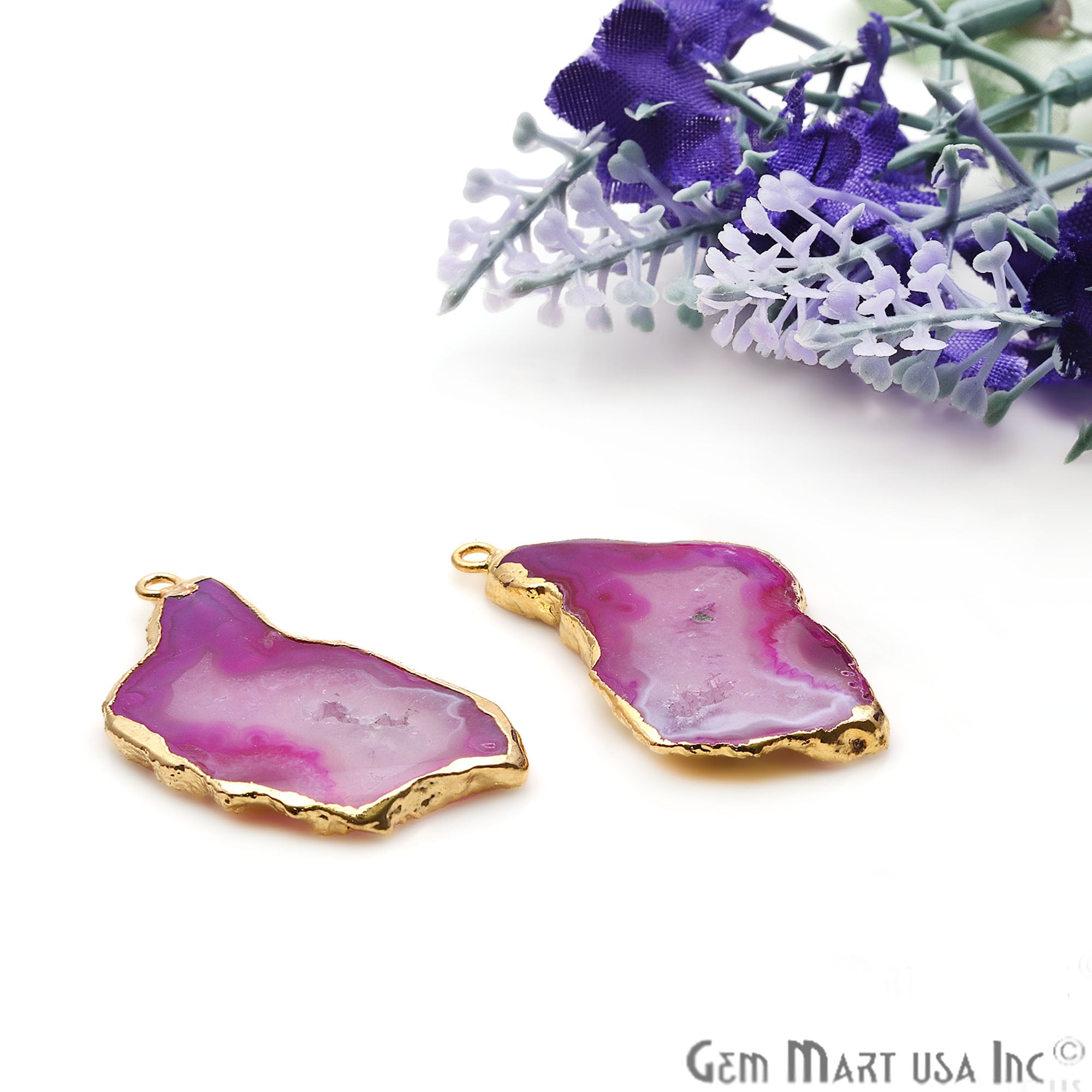 Agate Slice 38x18mm Organic Gold Electroplated Gemstone Earring Connector 1 Pair - GemMartUSA