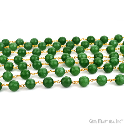 Green Jade Faceted Beads 8mm Gold Plated Wire Wrapped Rosary Chain