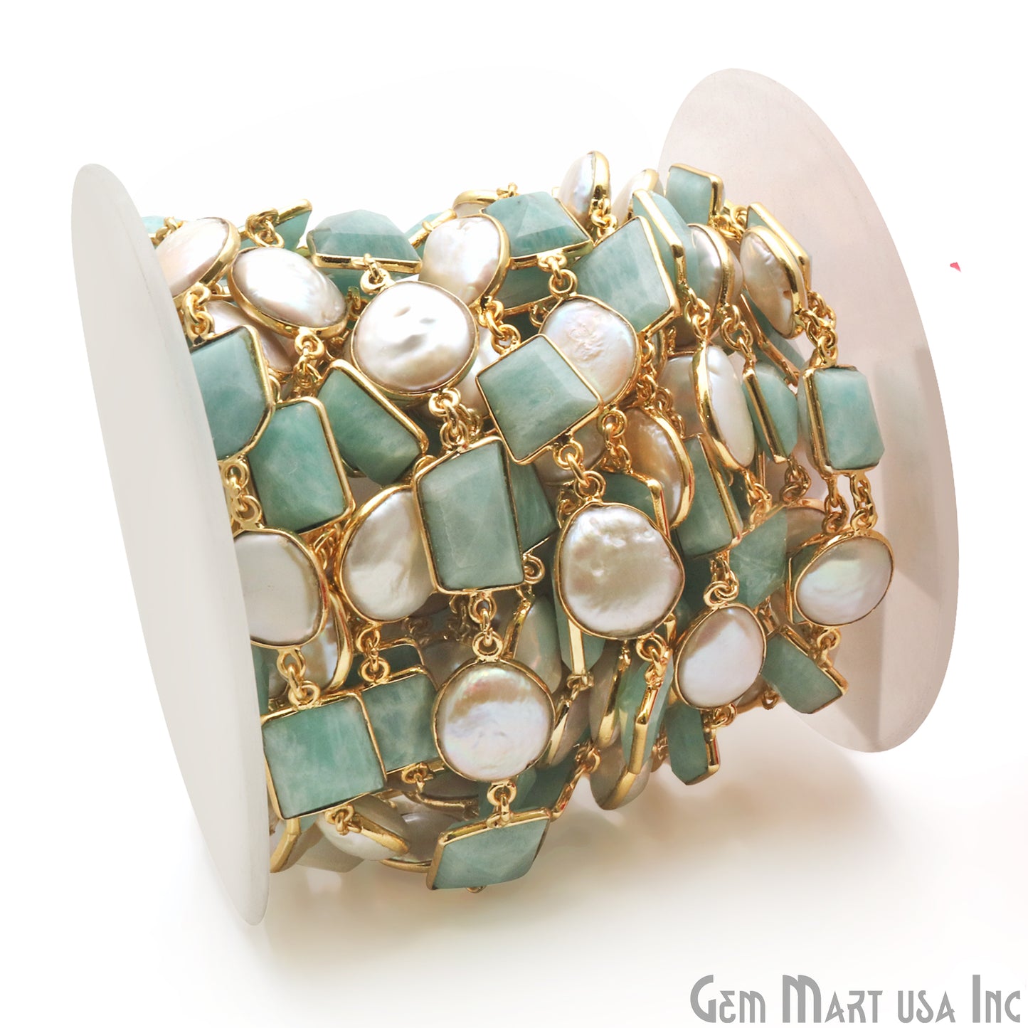 Amazonite And Pearl Bezel Gold Plated 10-15mm Continuous Connector Chain - GemMartUSA