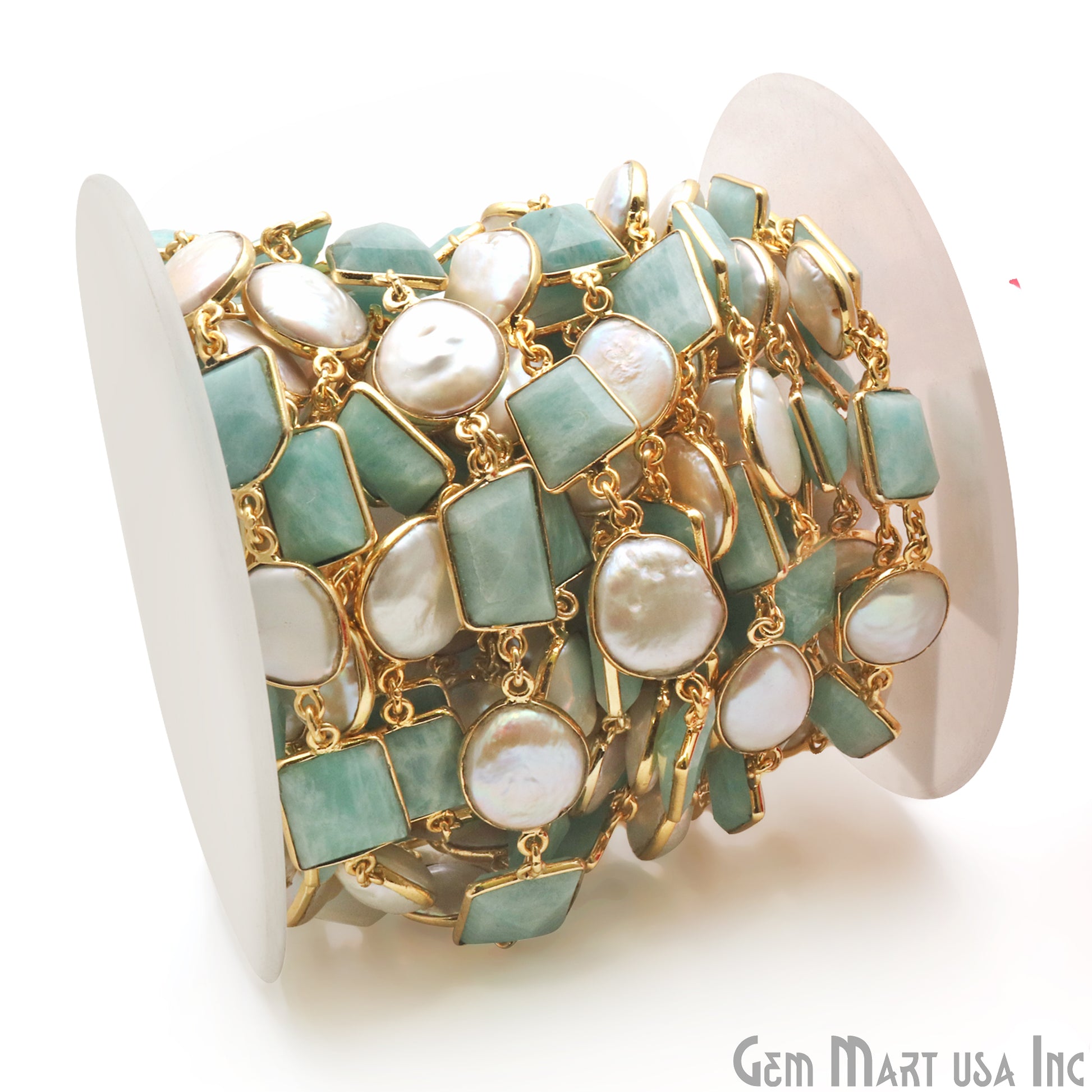 Amazonite And Pearl Bezel Gold Plated 10-15mm Continuous Connector Chain - GemMartUSA