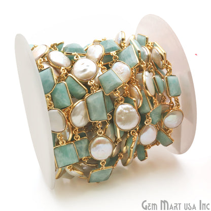 Amazonite And Pearl Bezel Gold Plated 10-15mm Continuous Connector Chain - GemMartUSA