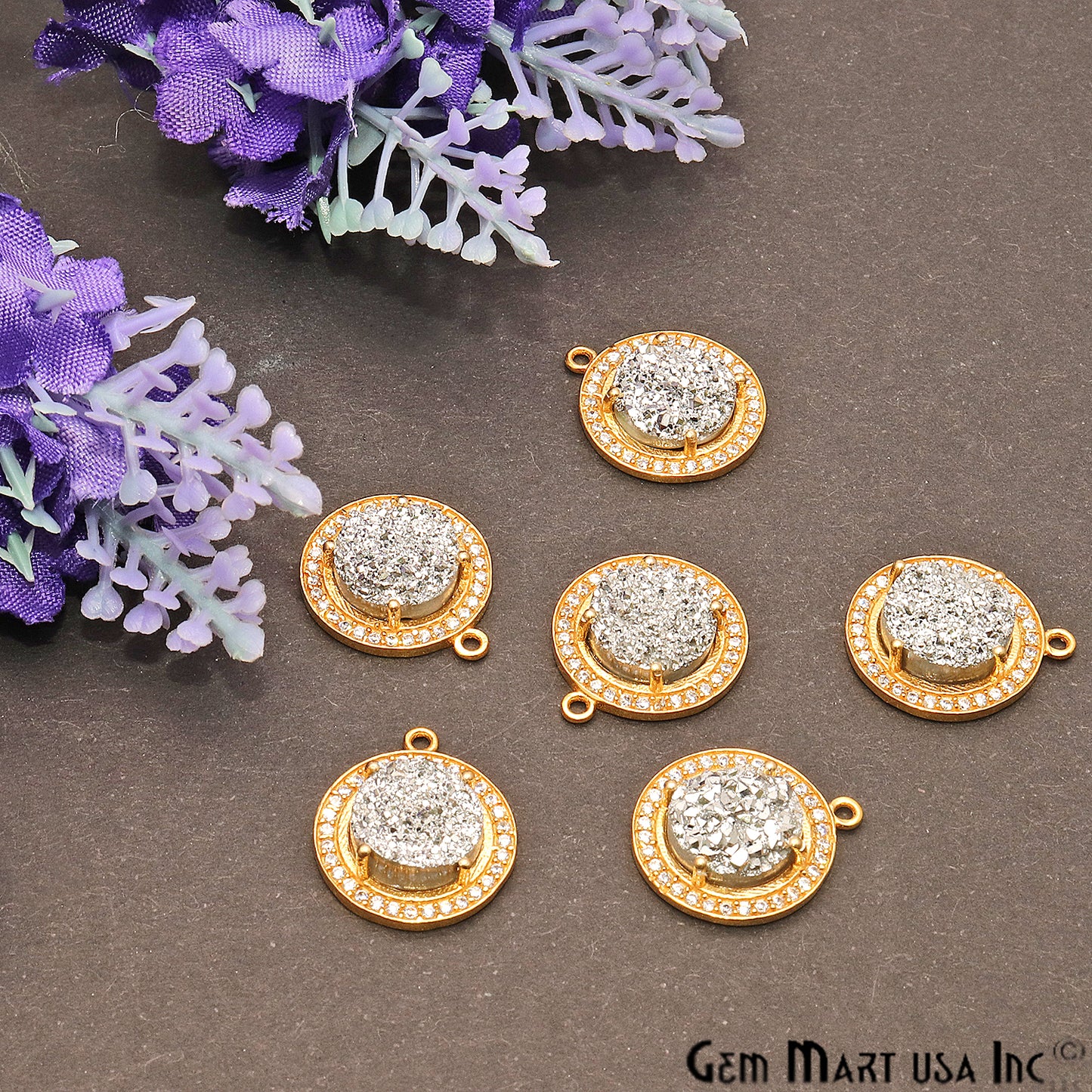 Cubic Zircon Pave 10mm Round Double Bail Druzy Connector (Pick Your Druzy) - GemMartUSA