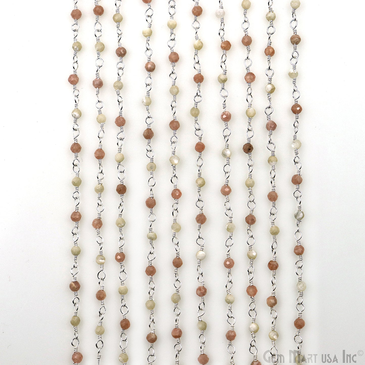 Rhodochrosite & Mother Of Pearl Silver Plated Wire Wrapped Gemstone Beads Rosary Chain