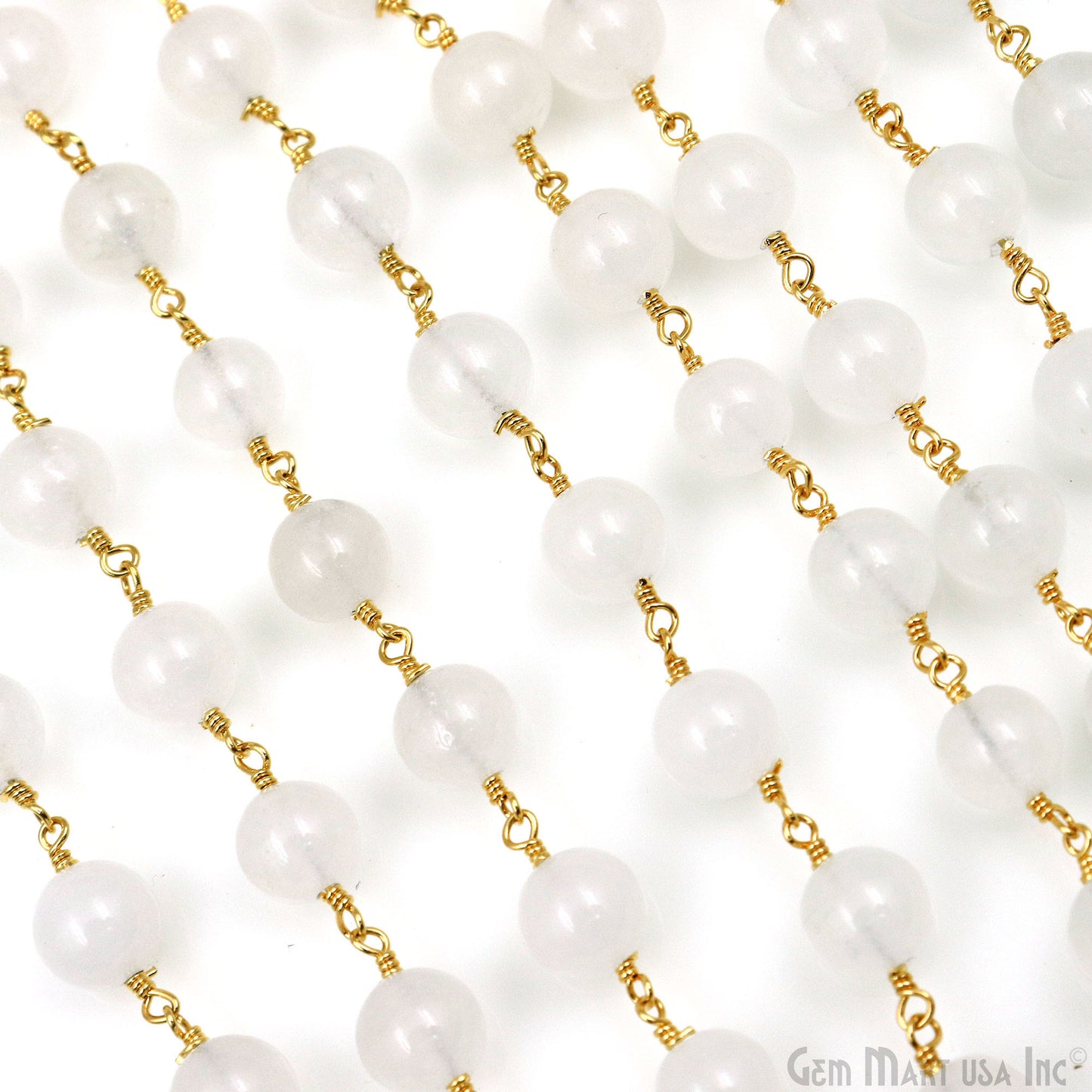 White Jade Faceted Beads 8mm Gold Plated Wire Wrapped Rosary Chain