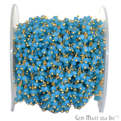 Sky Blue Cluster Beads Gold Plated Wire Wrapped Dangle Rosary Chain - GemmartUSA