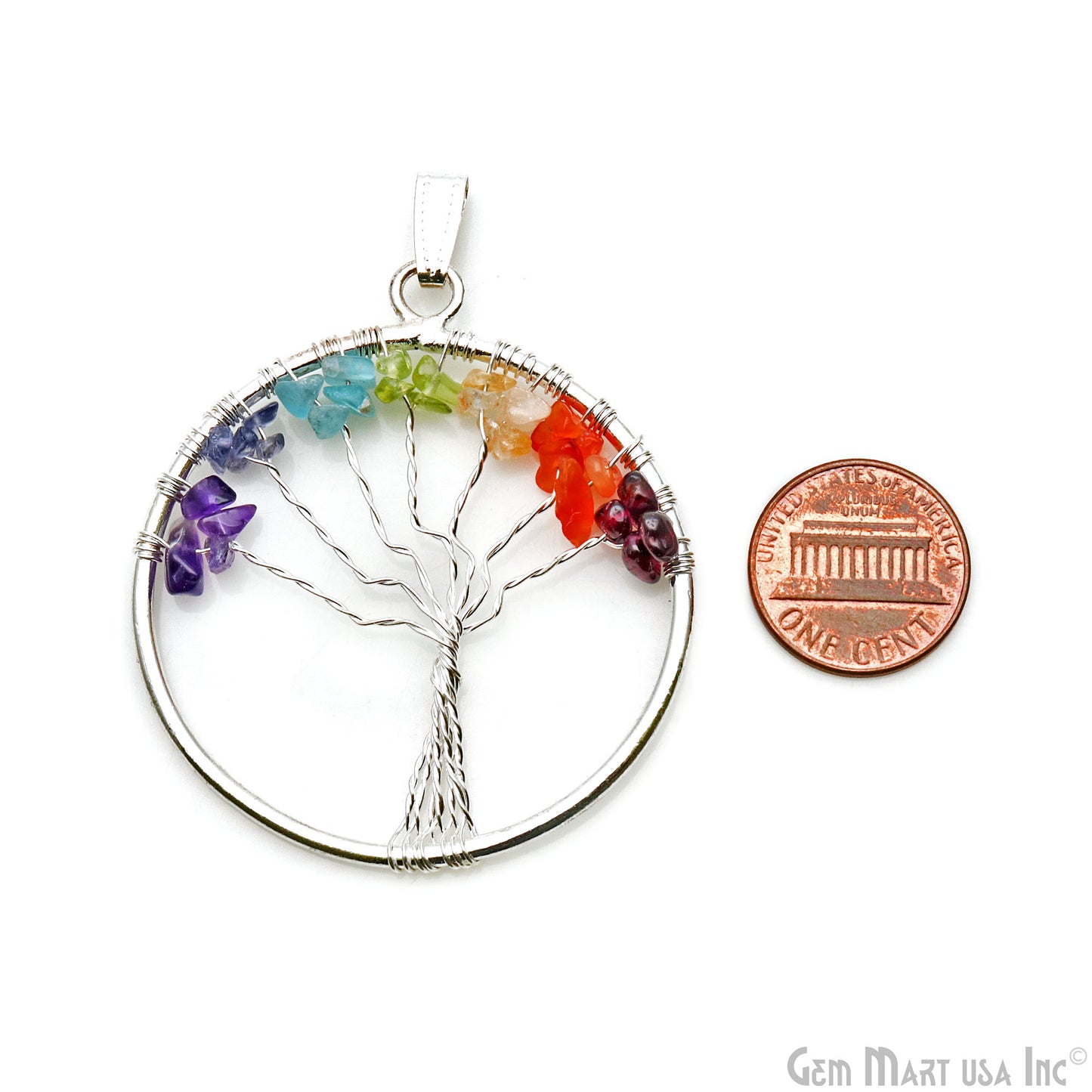 7 Chakra Tree Of Life 52x47mm Silver Wire Wrapped Round Shape Pendant