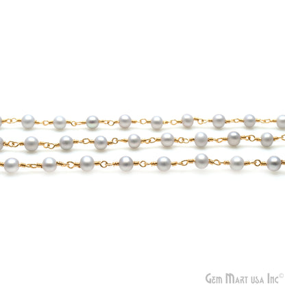 Grey Pearl Round 5-6mm Gold Wire Wrapped Beads Rosary Chain