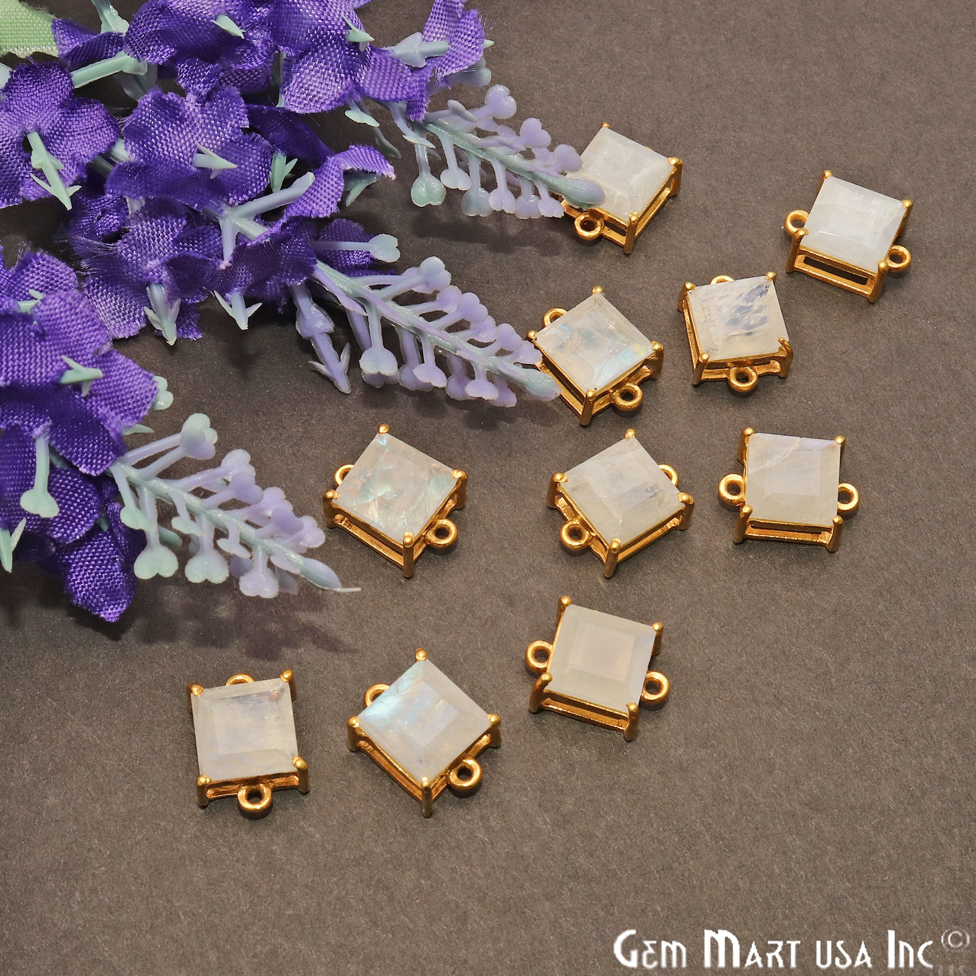 Rainbow Moonstone Prong Setting Gold Plated Flashy Gemstone Connector - GemMartUSA
