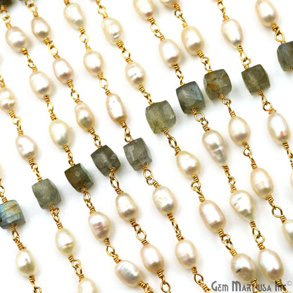 Labradorite Box Beads With Pearl freeform Beads Gold Wire Wrapped Rosary Chain