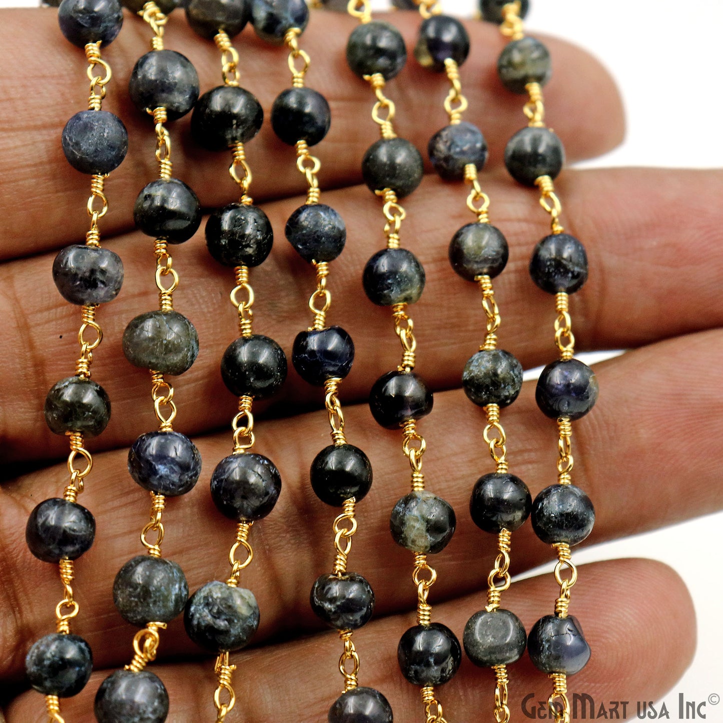 Iolite Cabochon 6-7mm Gold Wire Wrapped Rosary Chain