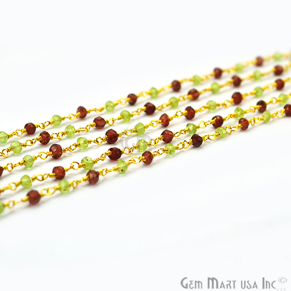 Garnet With Peridot Gold Plated Wire Wrapped Rosary Chain