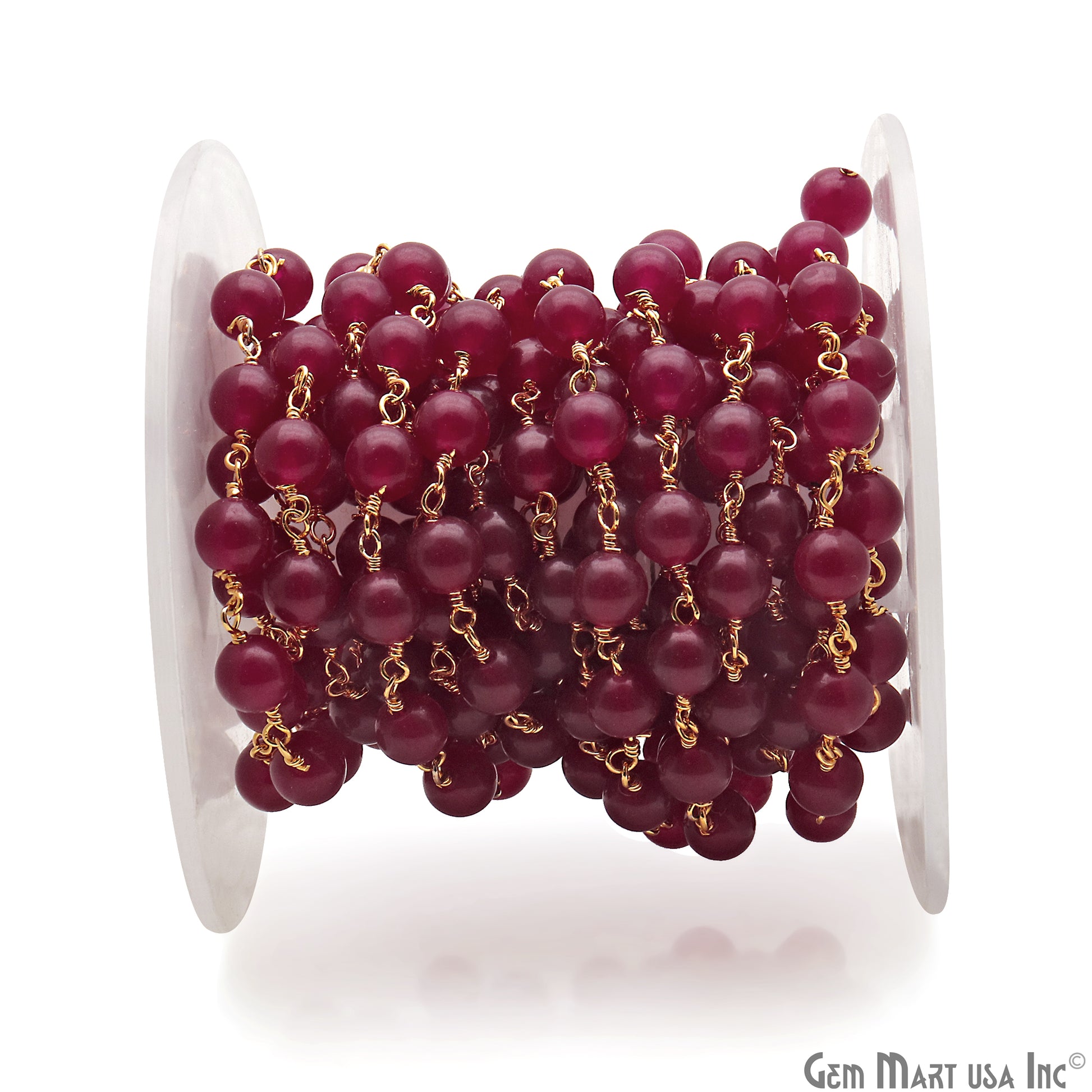 Ruby Cabochon Beads 6mm Gold Wire Wrapped Rosary Chain - GemMartUSA