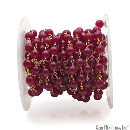 Ruby Cabochon Beads 6mm Gold Wire Wrapped Rosary Chain - GemMartUSA
