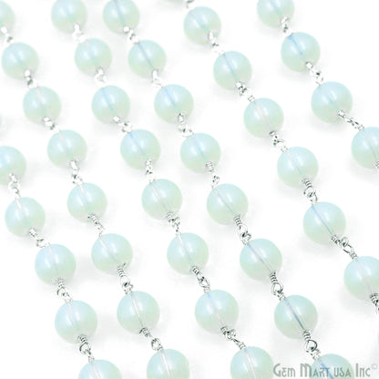 White Opal Smooth Beads 8mm Silver Plated Wire Wrapped Rosary Chain