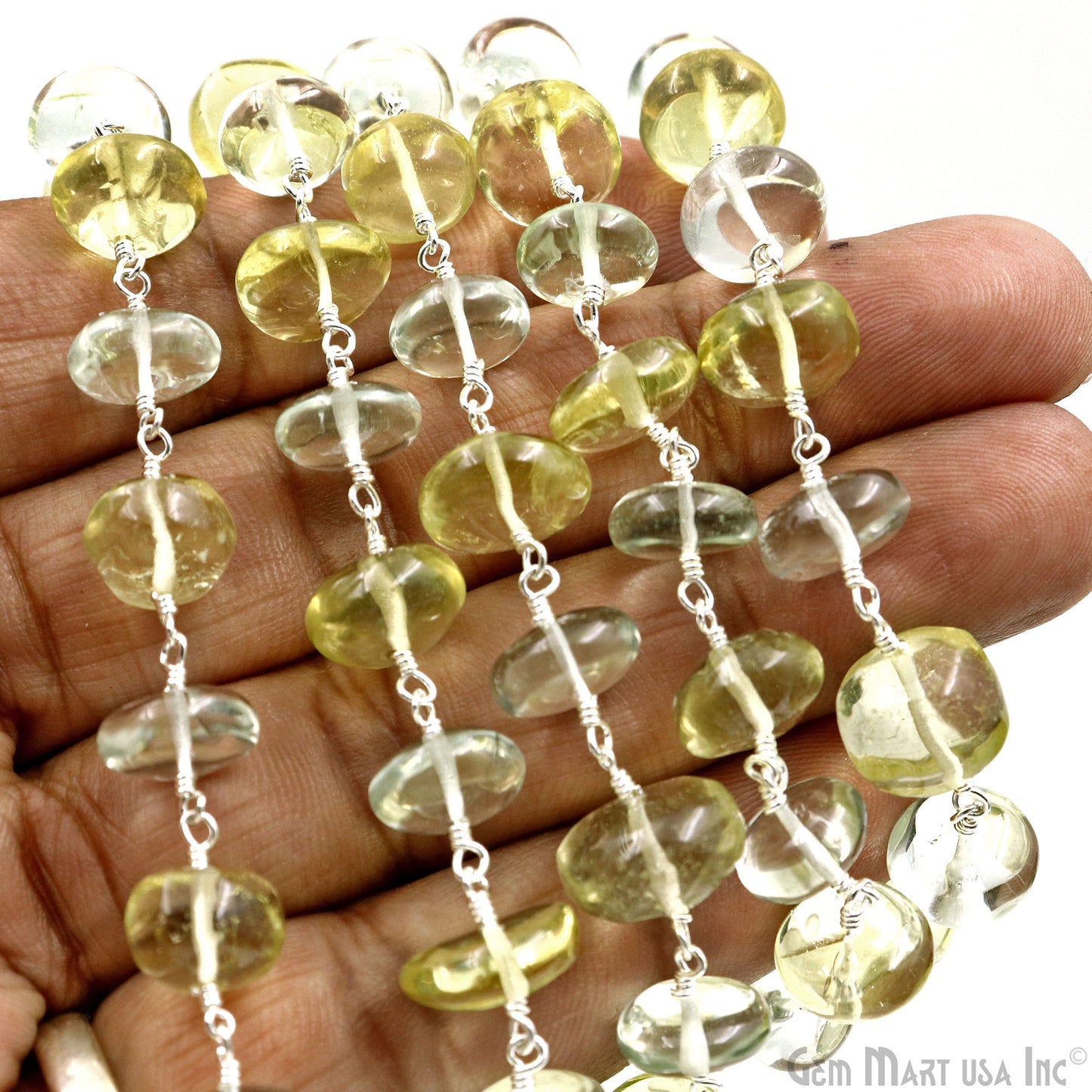 Green Amethyst & Lemon Topaz Cabochon Beads 9-10mm Silver Wire Wrapped Rosary Chain