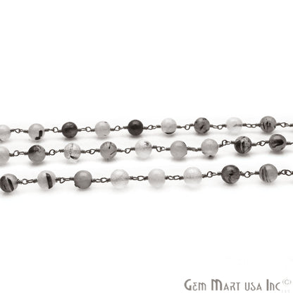 Rutilated Smooth Beads 6mm Oxidized Plated Wire Wrapped Rosary Chain - GemMartUSA