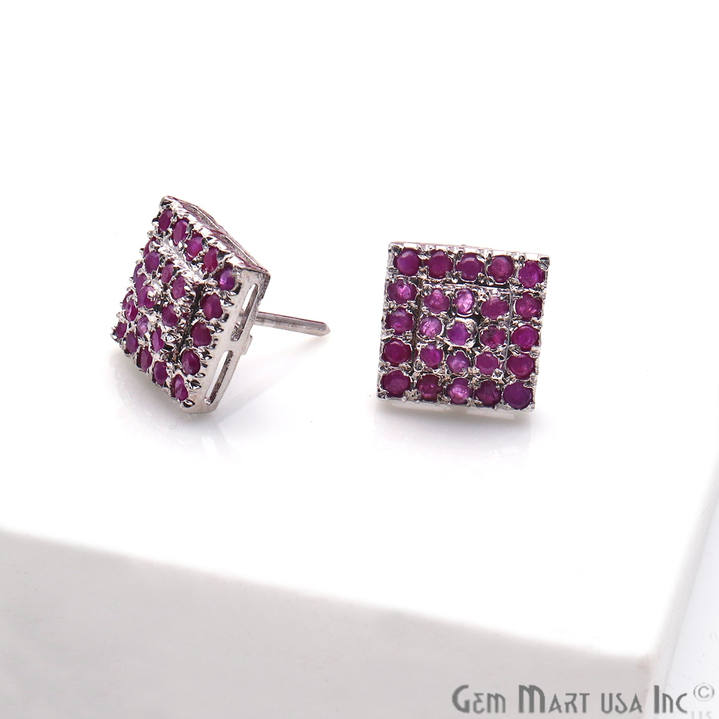 Ruby 12mm Sterling Silver Square Shape Stud Earring - GemMartUSA