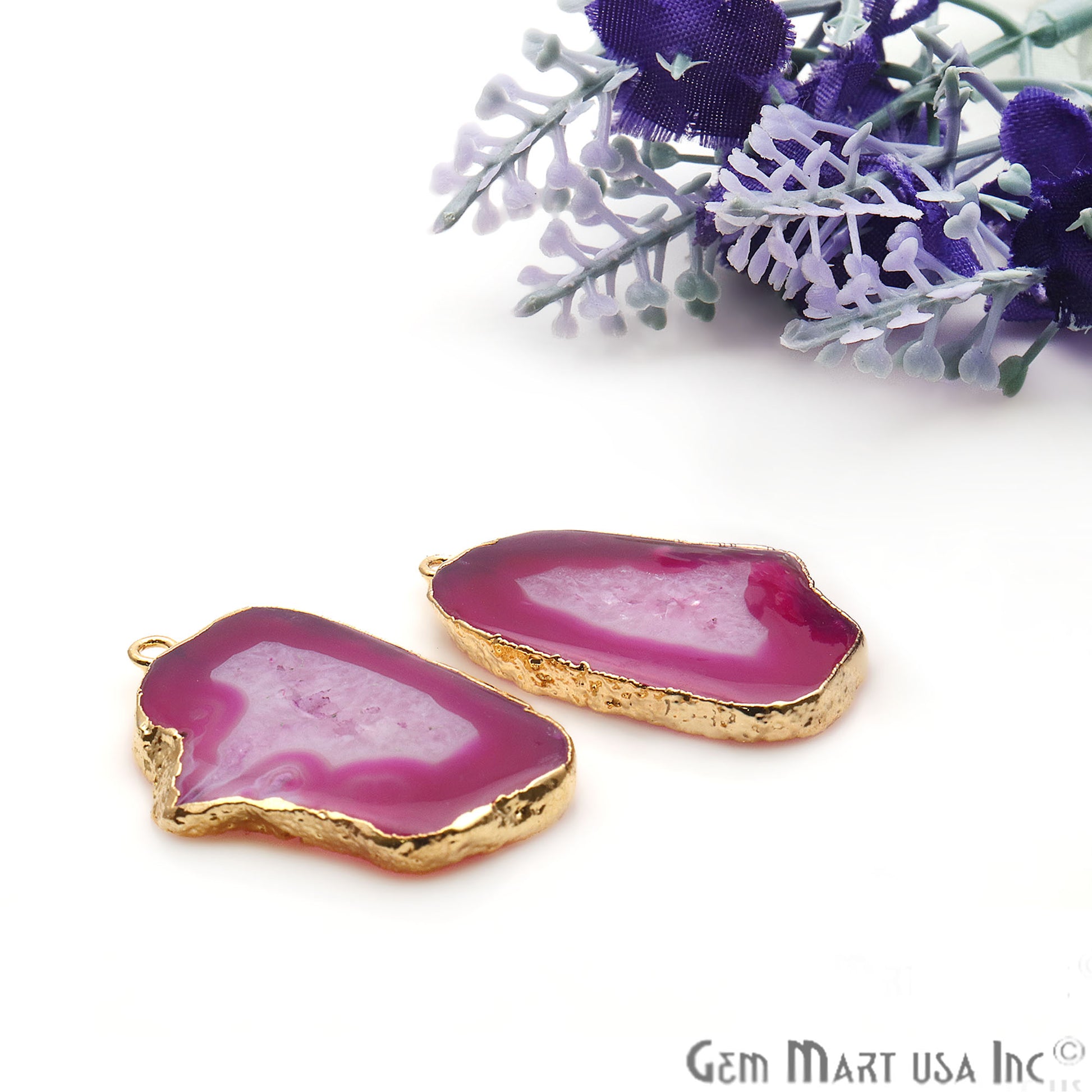 Agate Slice 36x22mm Organic Gold Electroplated Gemstone Earring Connector 1 Pair - GemMartUSA