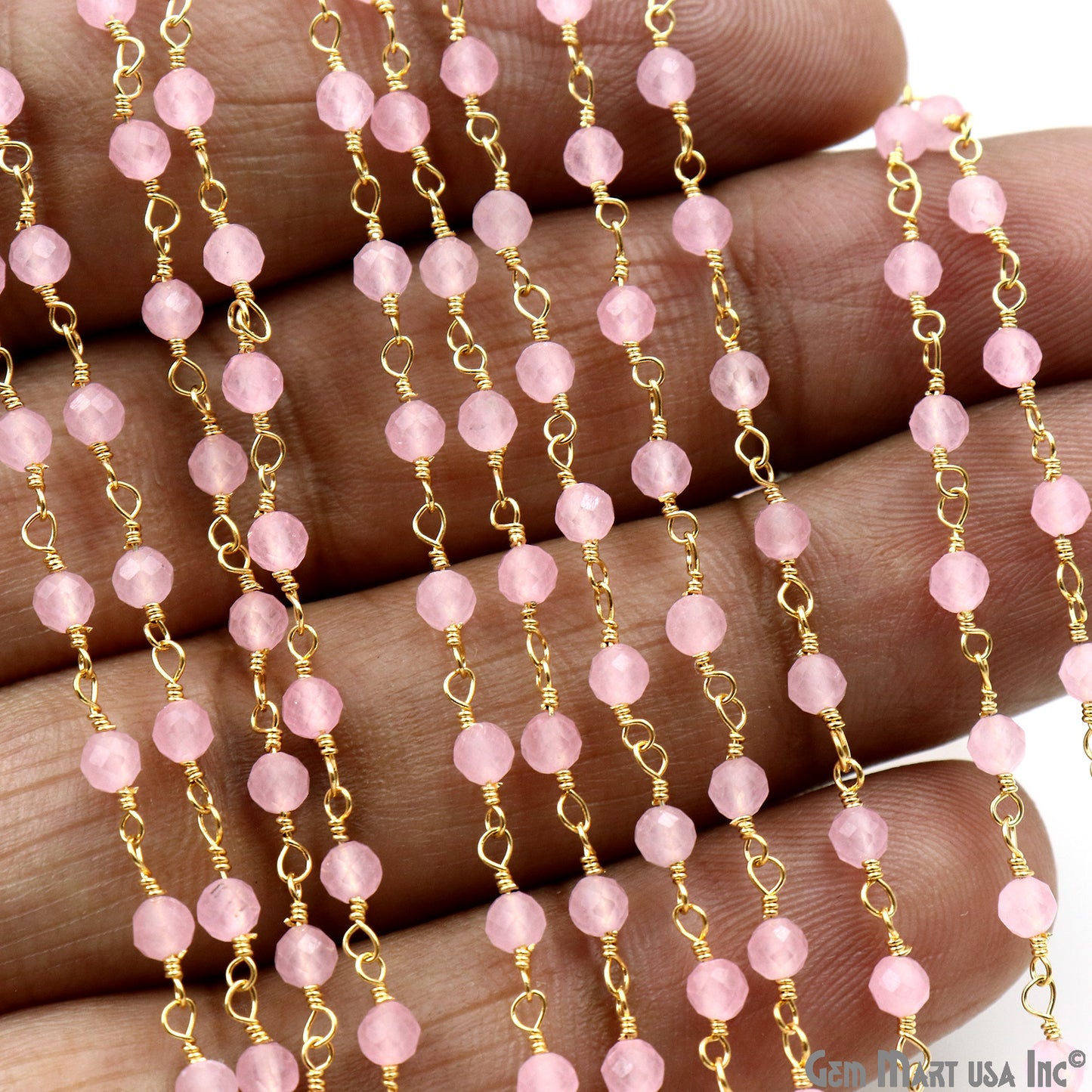 Rose Chalcedony 3-3.5mm Gold Plated Wire Wrapped Rosary Chain