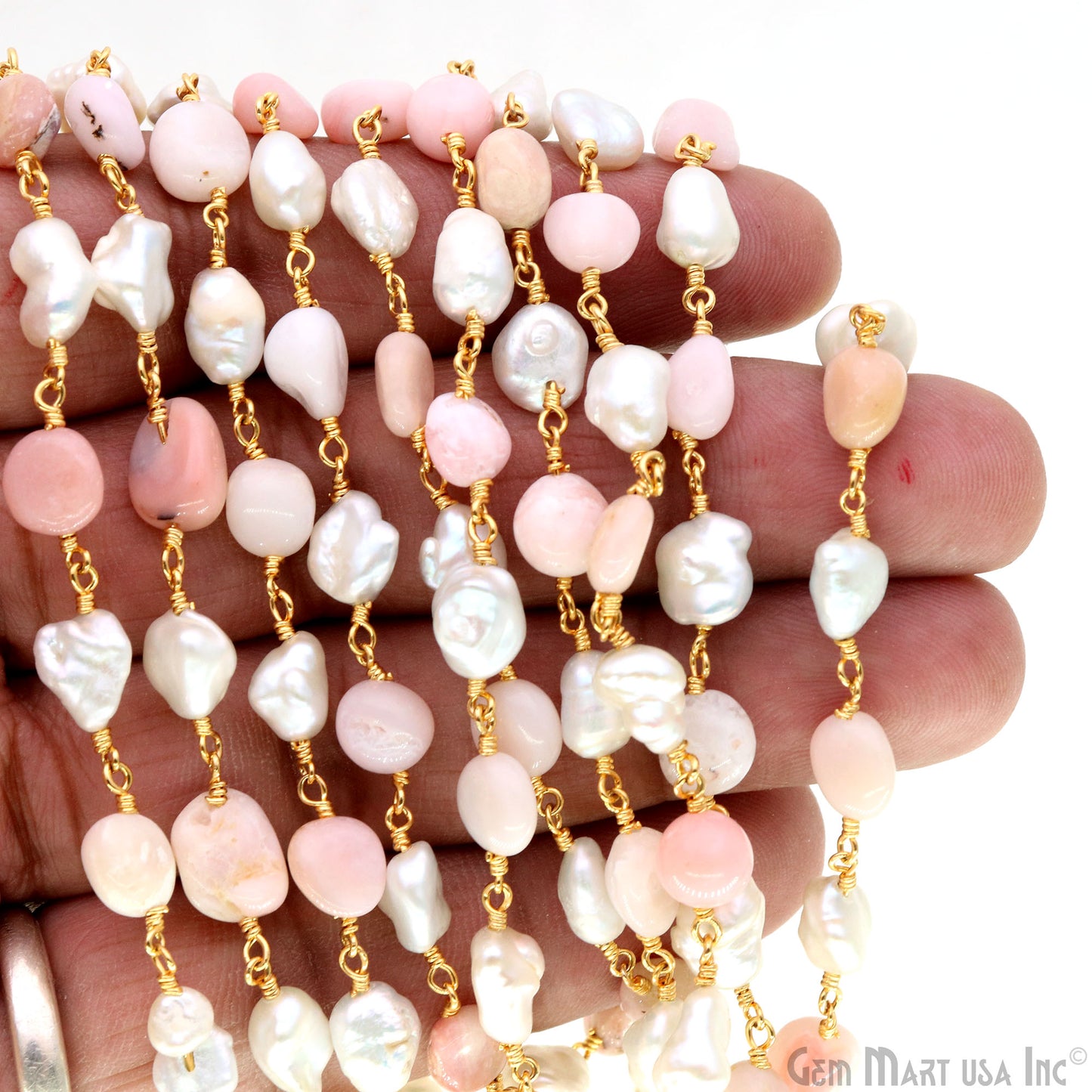 Pink Opal Tumble Beads 8x5mm & Pearl 5-6mm Beads Gold Plated Rosary Chain