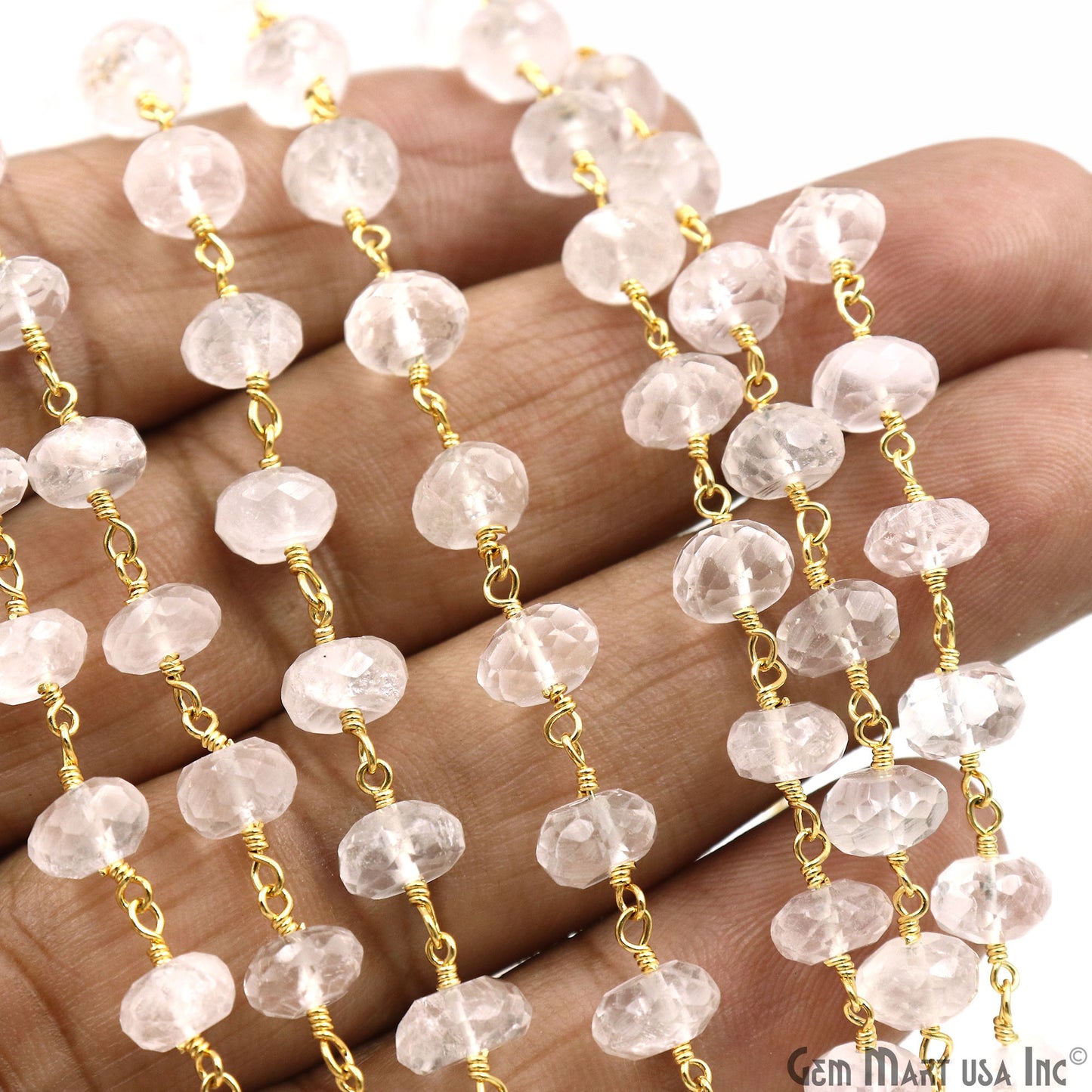 Rose Quartz Faceted Beads 6-7mm Gold Wire Wrapped Beaded Rosary Chain