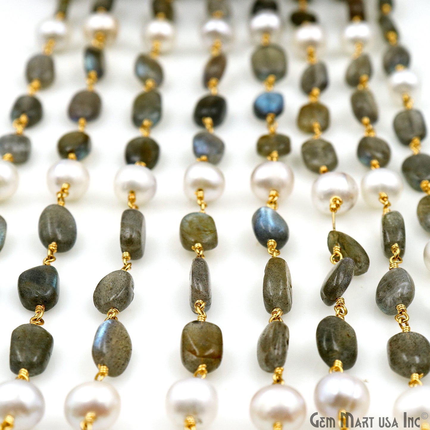 Labradorite Tumble & Pearl Gold Plated Wire Wrapped Rosary Chain