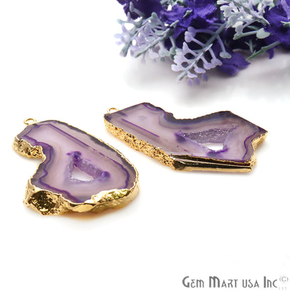 Agate Slice 26x47mm Organic Gold Electroplated Gemstone Earring Connector 1 Pair - GemMartUSA