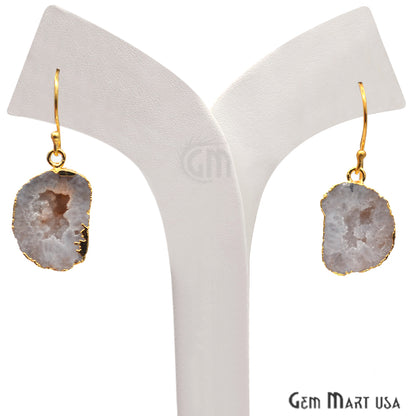 Geode Druzy Gemstone 24x15mm Gold Edge Dangle Hook Earrings - GemMartUSA