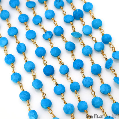 Turquoise Coin 5-6mm Gold Wire Wrapped Rosary Chain