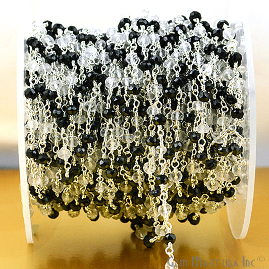 Black Spinel With Crystal Silver Plated Beads Rosary Chain