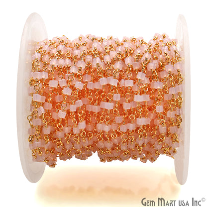 Rose Chalcedony Cube Faceted 2mm Gold Wire Wrapped Rosary Chain - GemMartUSA