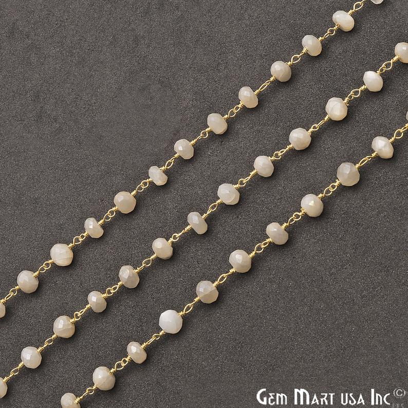 White Monalisa Coated Beads 5-6mm Gold Plated Wire Wrapped Gemstone Rosary Chain