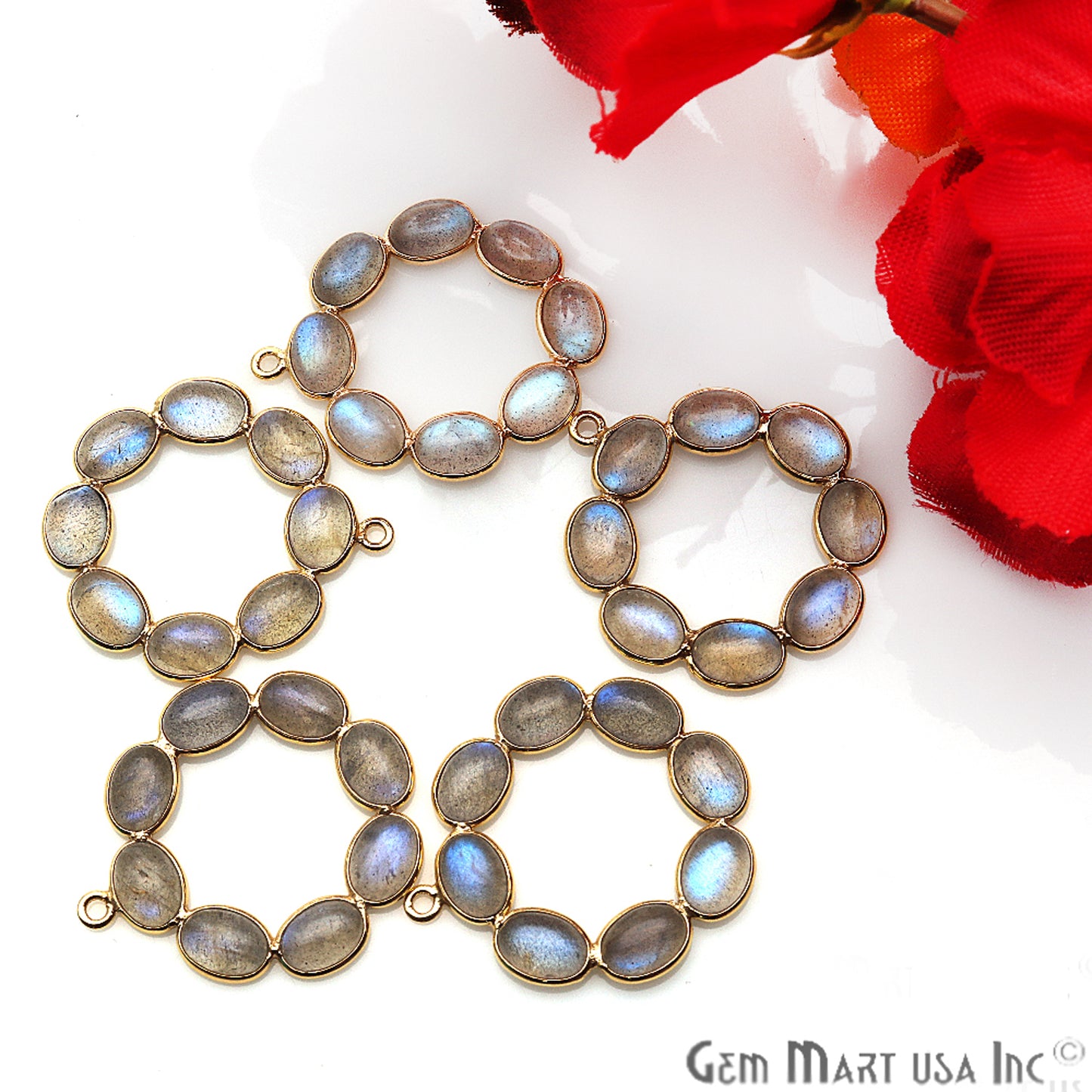 DIY, Labradorite Gold Plated 29x26mm Round Chandelier Finding Component - GemmartUSA