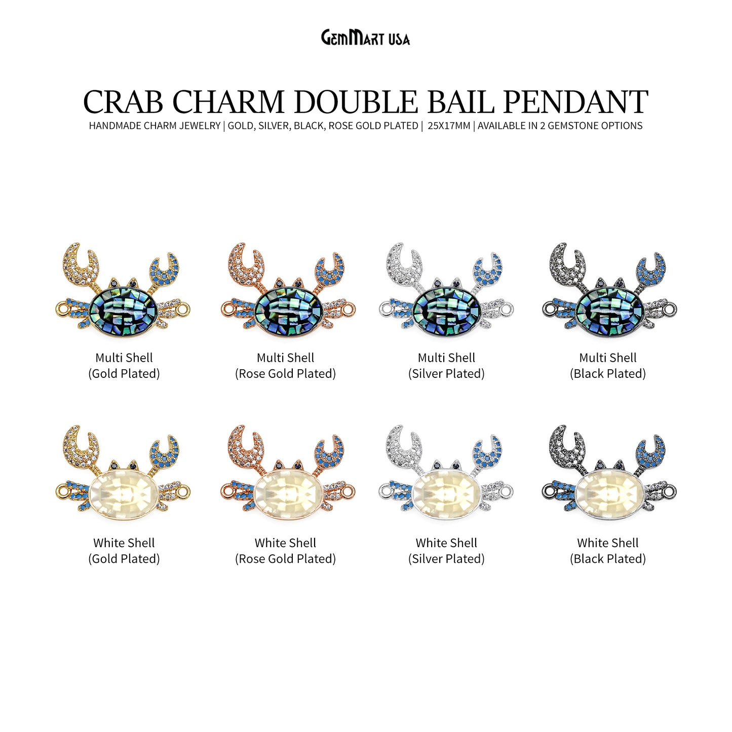 Crab Charm Pendant crab jewelry Cubic Zircon 25x17mm Pendant