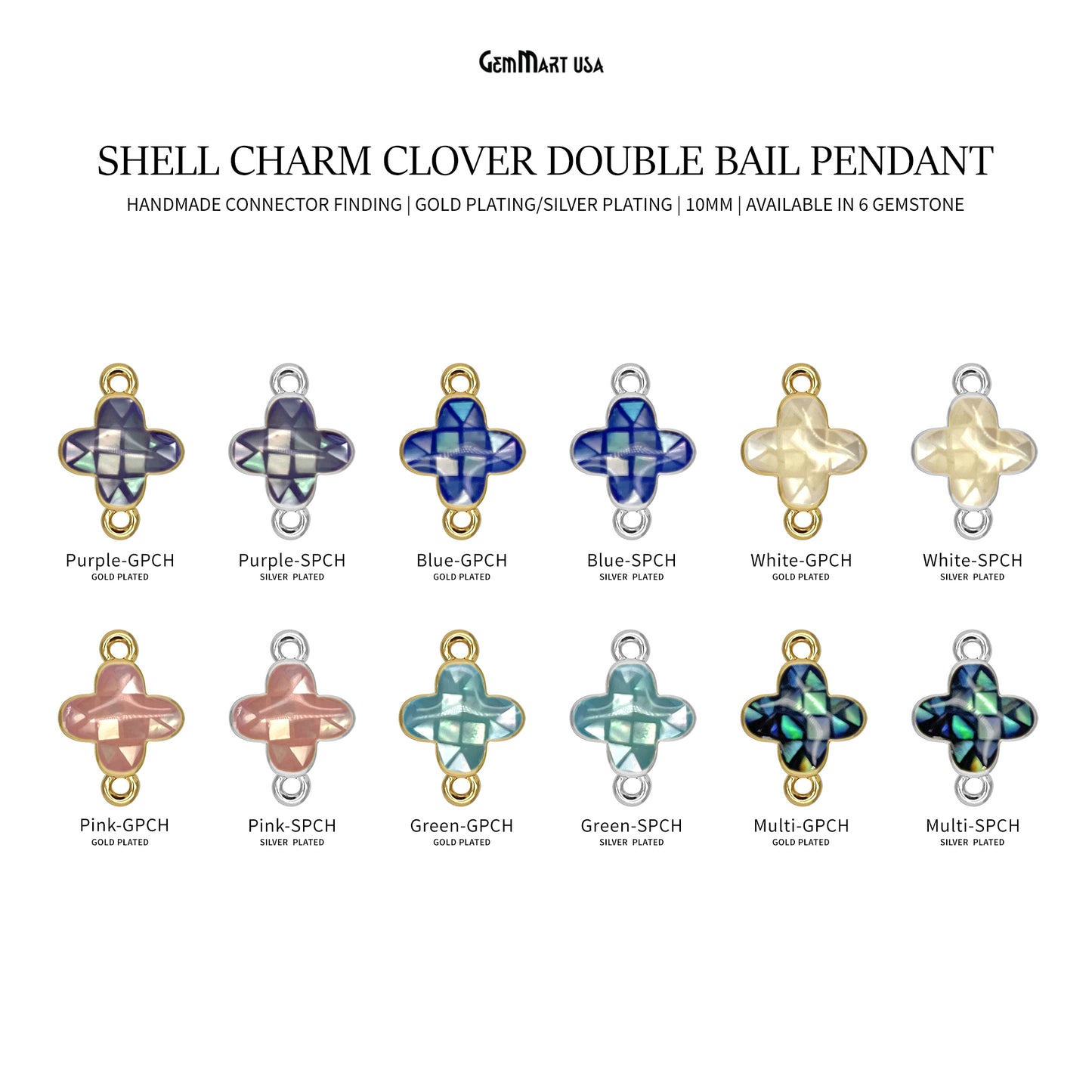 Shell Charm Clover 10mm Double Bail Bracelet Charm Pendant