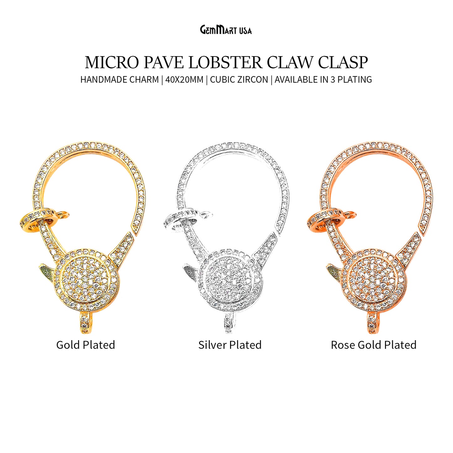 CZ Lobster Clasp 40x20mm CZ Clear Micro Pave Lobster Claw Clasp