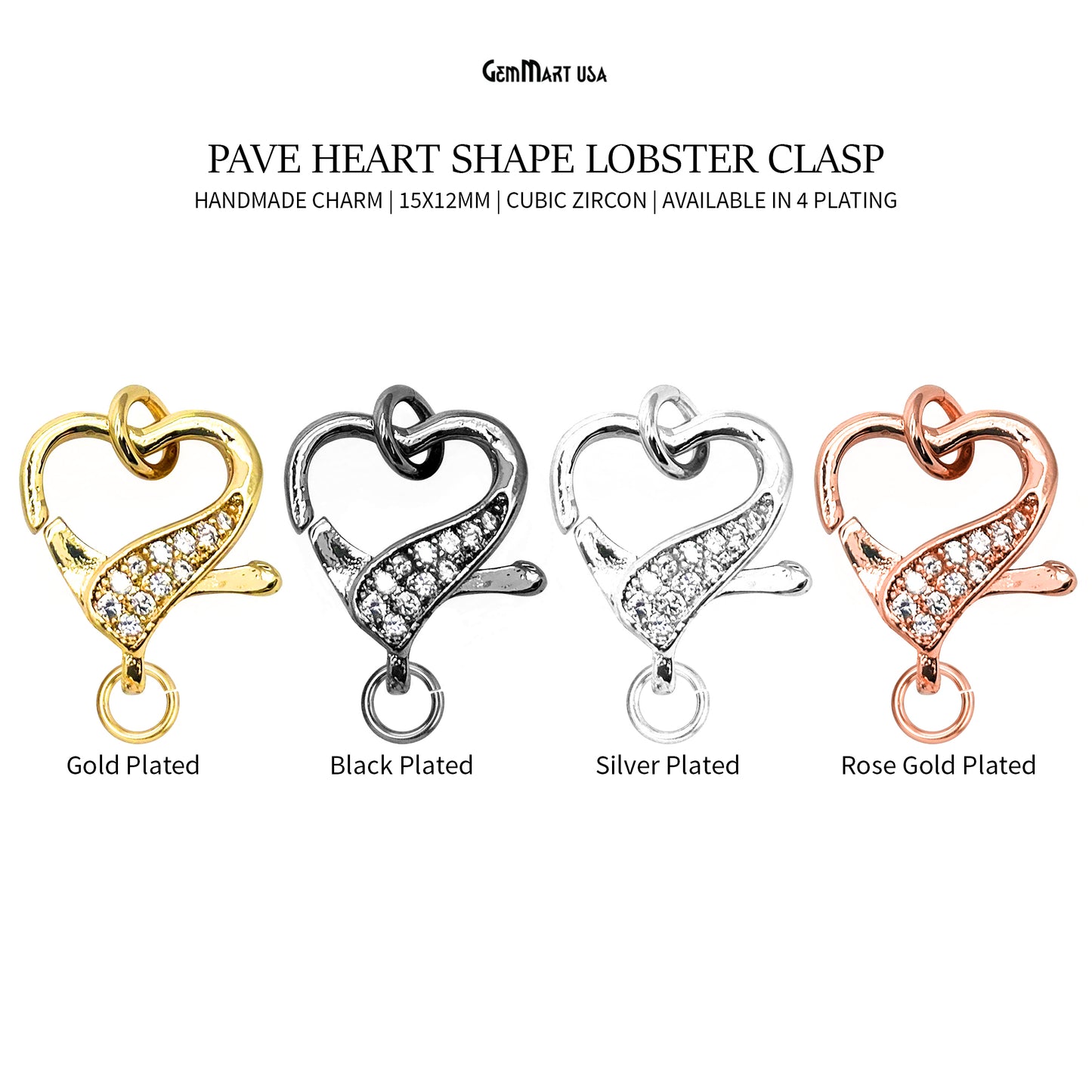 CZ Pave Heart Shape Lobster Clasp 15x12mm CZ Clear Micro Pave Lobster Claw Clasp