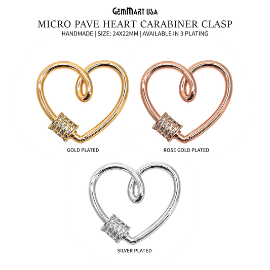 Micro Pave Heart Carabiner Clasp 24x22mm With Heart Charm Screw Clasp